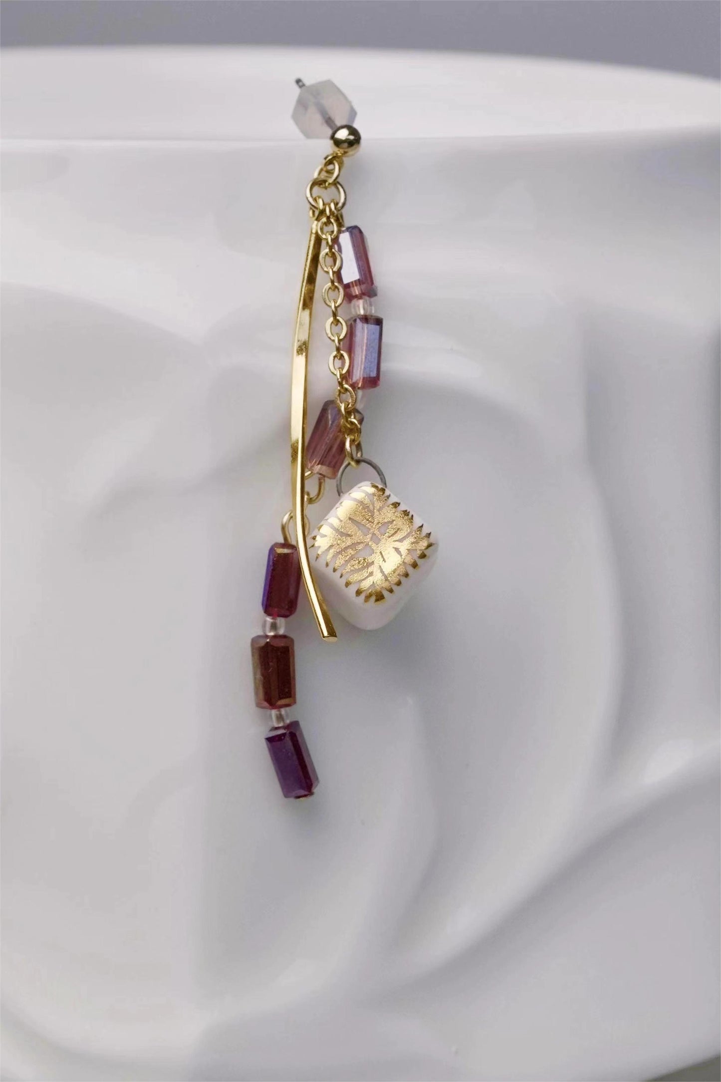 Song "White Lucky Hand with Red glass bead"  Handmade Gold Ceramic Earrings