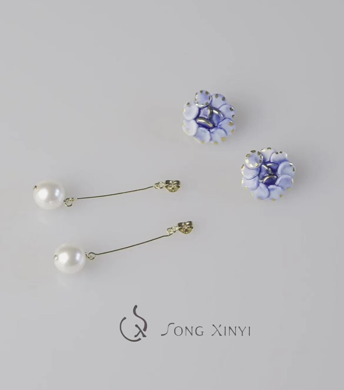 Song "Blue Petal With Pendant"Handmade Ceramic And Pearl Earrings